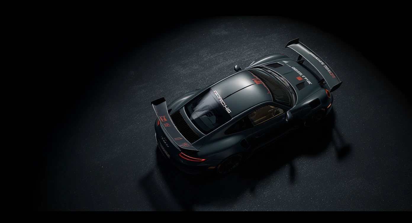 Cinematic shot of a porsche 911 gt3 rs, top dutch angle, black voide around, top spotlight, captured on arri alexa emoji