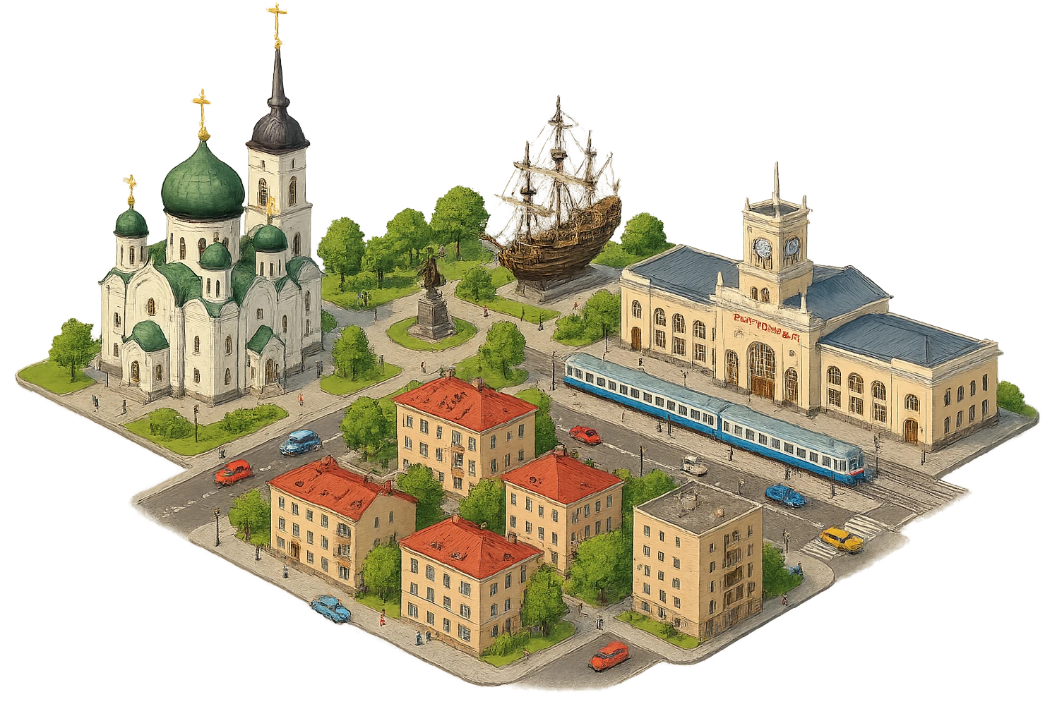 Изометричная чёткая миниатюрная фотореалистичная 3D модель панорамы Воронежа — Благовещенский кафедральный собор Воронежа, Вокзал Воронеж 1, Гото Предестинация, люди, несколько типичных воронежских домов, автотранспорт. Вид сверху в изометрии, яркие цвета, мультяшная рисованная реалистичность, прозрачный фон, компактная композиция, не обрезать края зданий. emoji