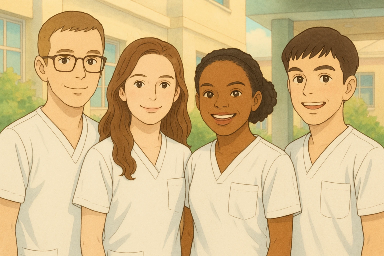 Four nursing students in Ghibli style, wearing white short-sleeved medical tunics with V-neck collars and left chest pockets, light fabrics. Friendly atmosphere, background evoking a healthcare or school establishment, faces inspired by photos, no stethoscopes or visible underwear. emoji