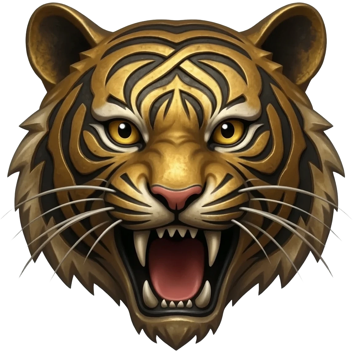A roaring tiger head rendered in Battle-Worn Bronze, forged in a stylized, knotwork pattern typical of Viking art. emoji