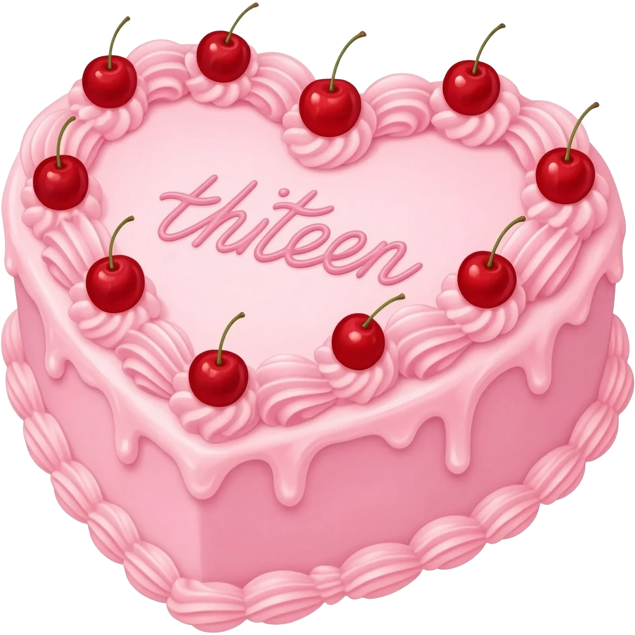 pink vintage heart cake with red cherries on top and thirteen written in cursive in the middle emoji