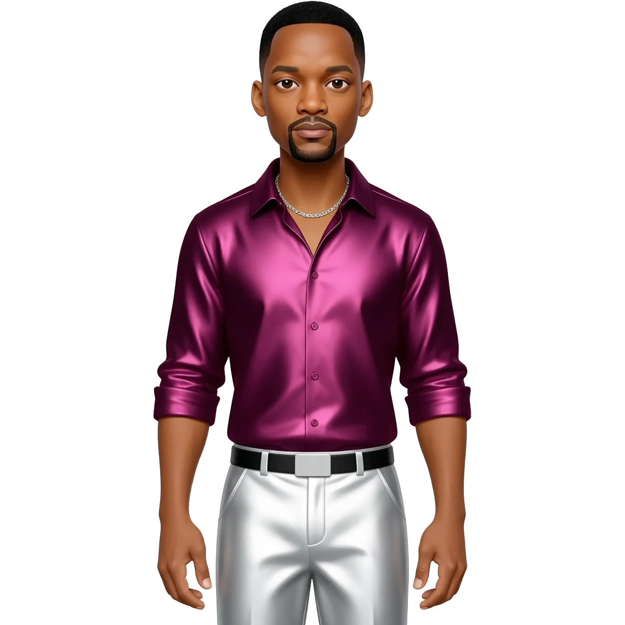 Will Smith with black hair, dark pink metallic shirt, white metallic baggy pants, silver necklace emoji