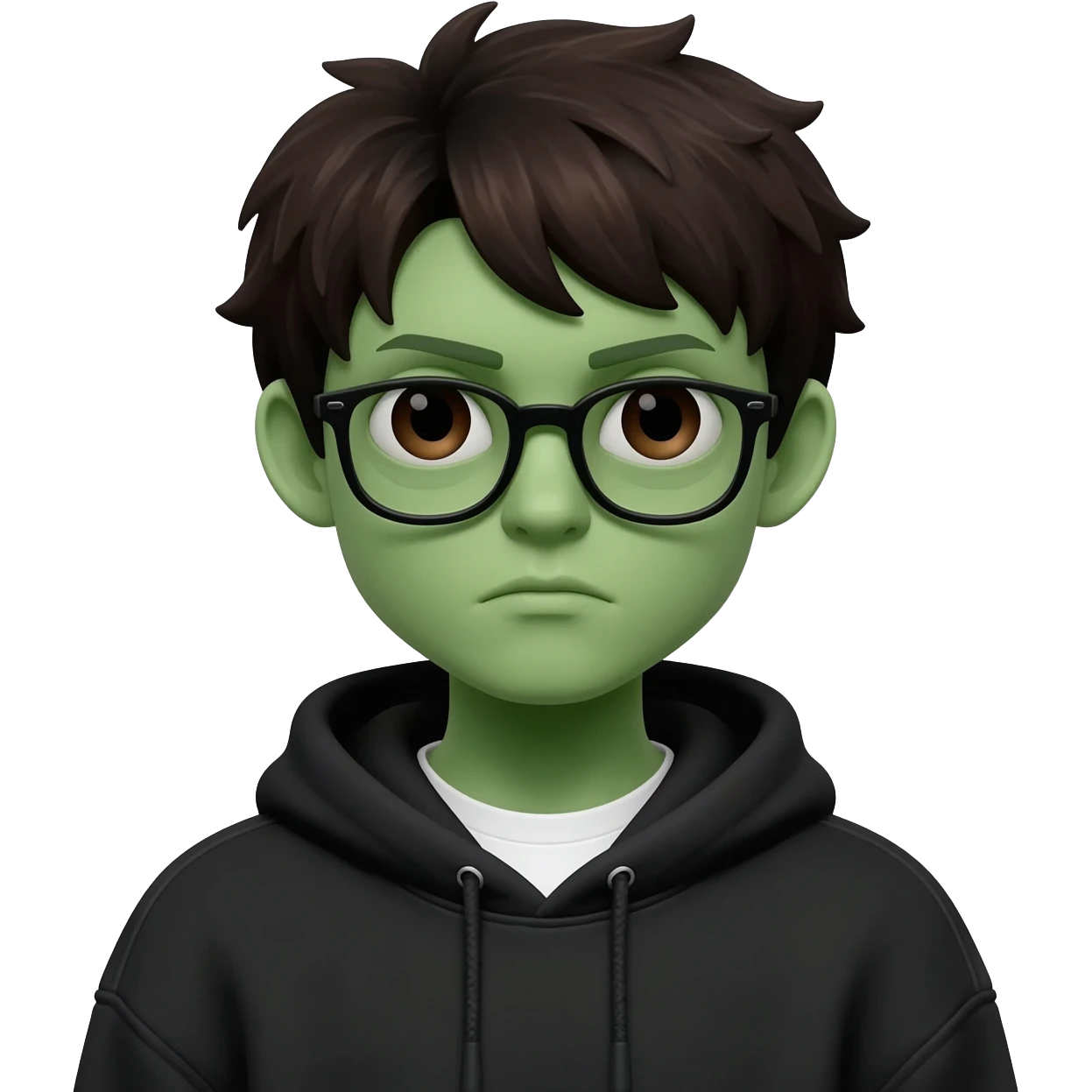 zombie boy with white tshirt and black brownish hair and with black glasses frames on hair is texturized young boy and round face more green face and dark brown eyes black thick cotton y2k hoodie with the white t-shirt under it hood of hoodie is standing up a slight bit and no ties on hoodie emoji