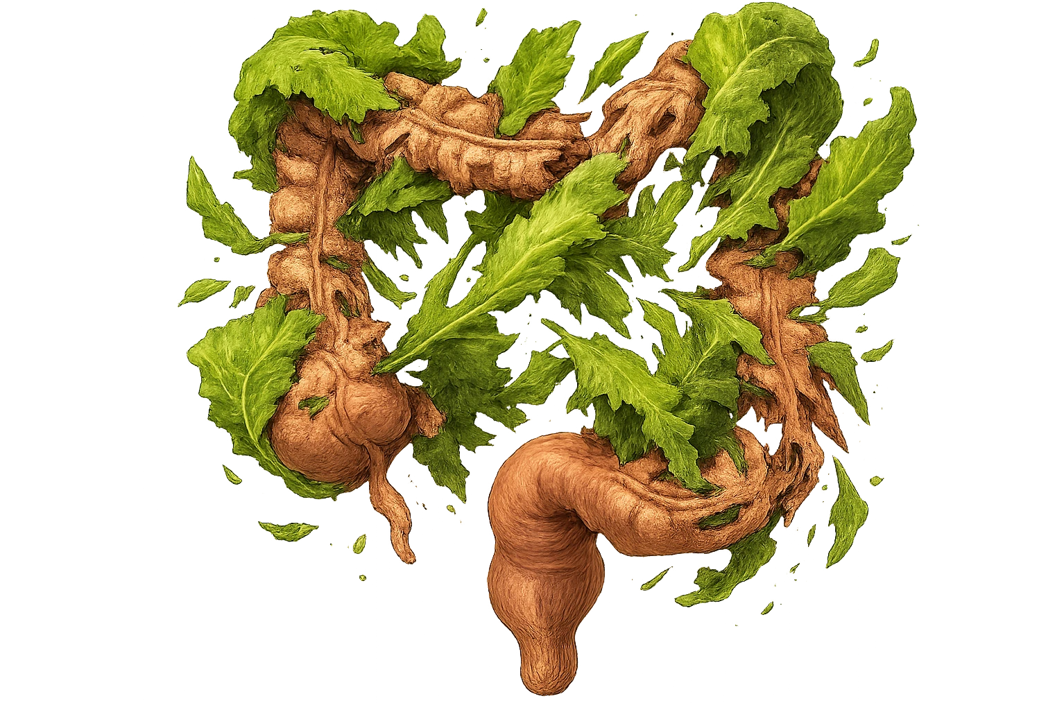 foglie di insalata che attaccano un intestino anatomico umano per distruggerlo emoji