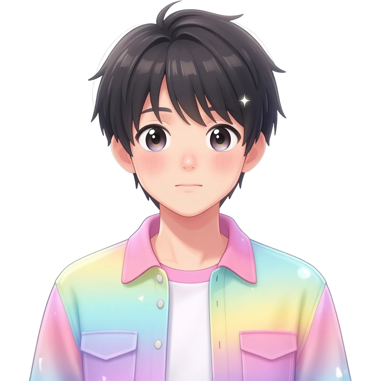 Gorgeous bright sparkly romantic Asian anime pastel guy with blushing face aesthetic trending style outside emoji