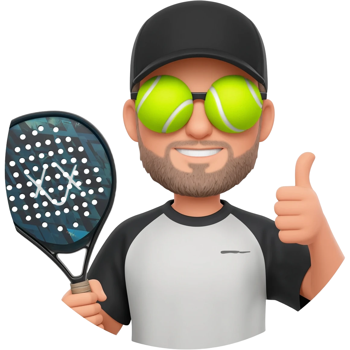 make a circular imogi of man with NOX padel bat with tennis balls forming glasses and wearing a cap with black  top make circular with thumbs up emoji