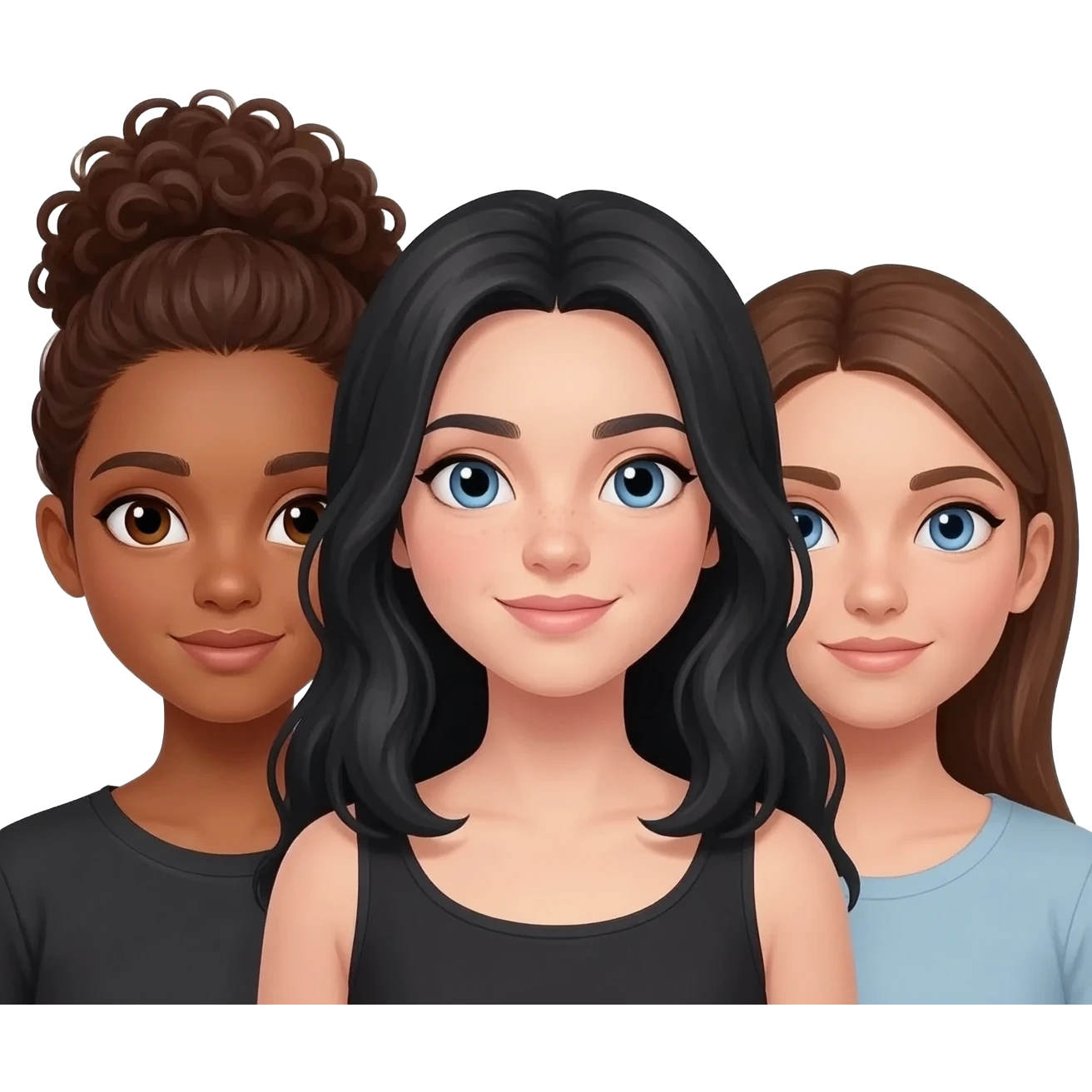 Trio girl best friends one girl with tan skin, brown eyes, and curly brown hair pulled back into a messy bun, and one girl with long black hair, blue eyes, and white skin, and one with medium length brown hair, blue eyes, and white skin. emoji