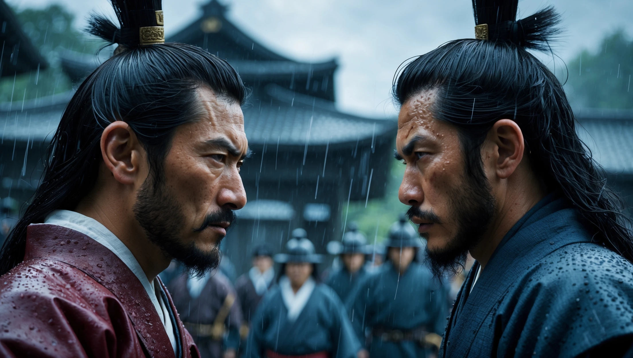 A cinematic scane from 1185, Wide shot of a two japan samurai face to face ready to fight during rain, deph composition, tense atmosphere, captured by by arri alexa, film directed by wes anderson emoji