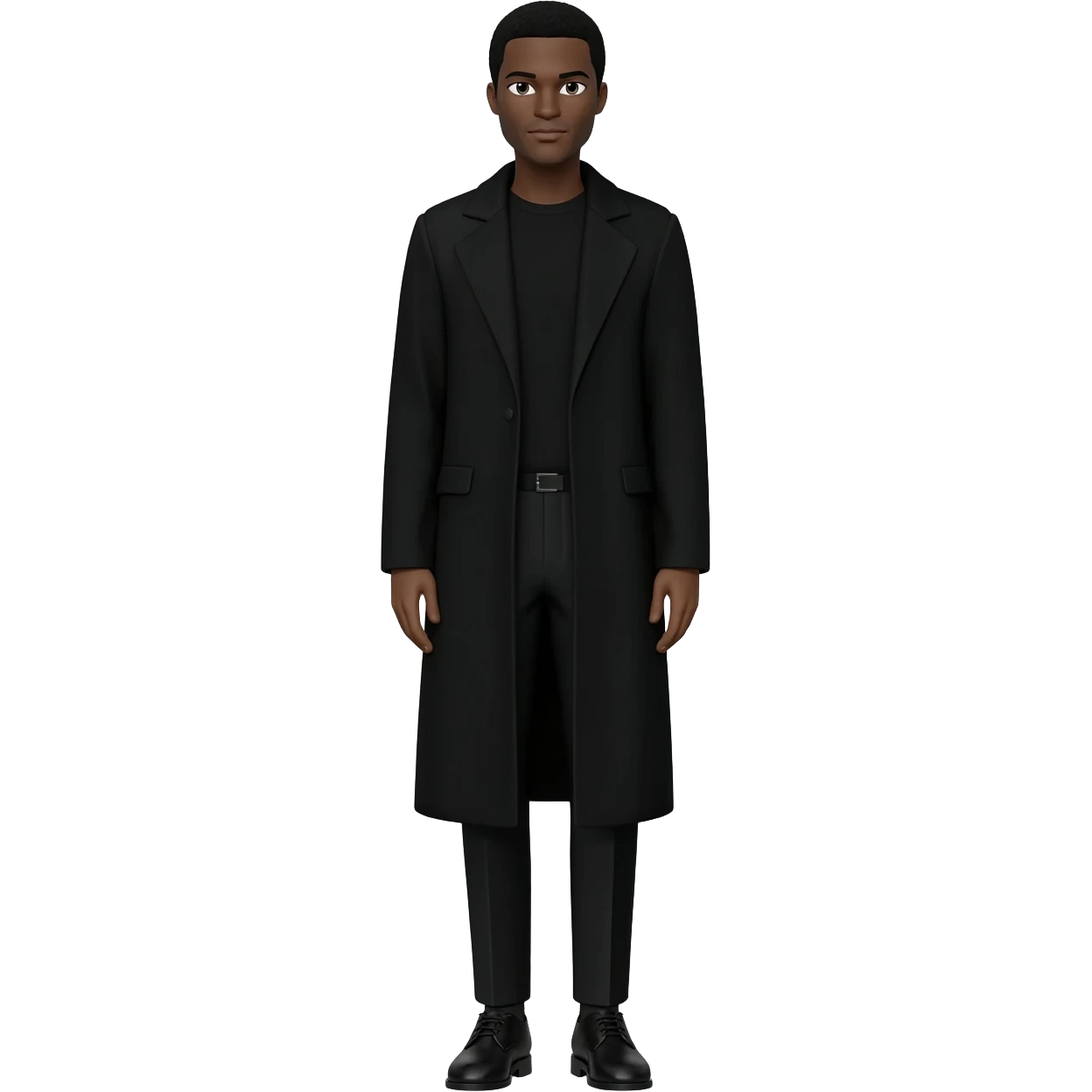 Black male all black dress long cost black pants and shoes black hair full body emoji