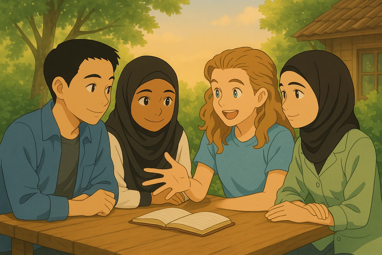 Four students in Ghibli style, working together on a project, smiling, warm atmosphere, collaboration and mutual support, bright and natural background. emoji
