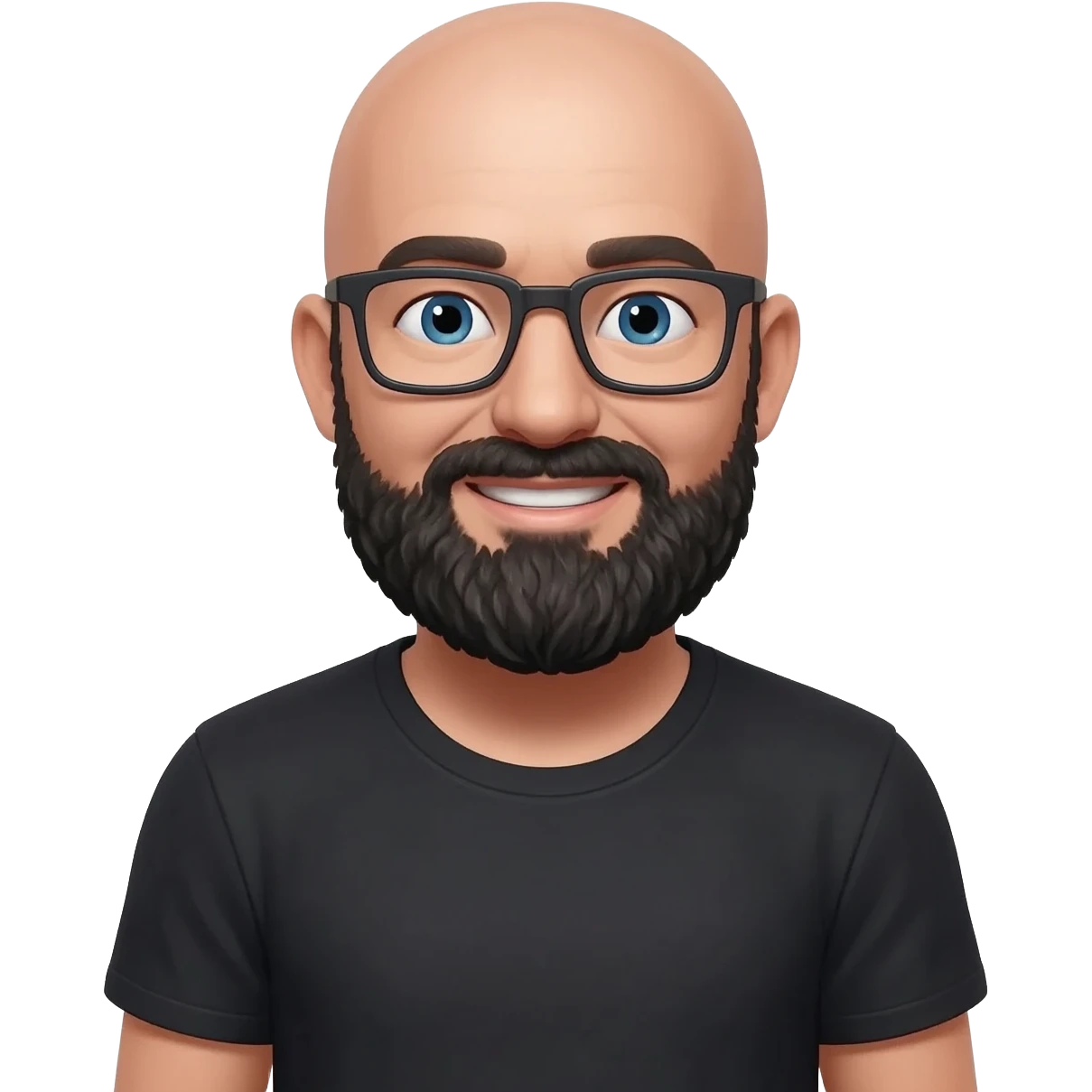 Bald man smiling with glasses and bushy blach beard. With blue eyes, and wearing a black  t-shirt emoji