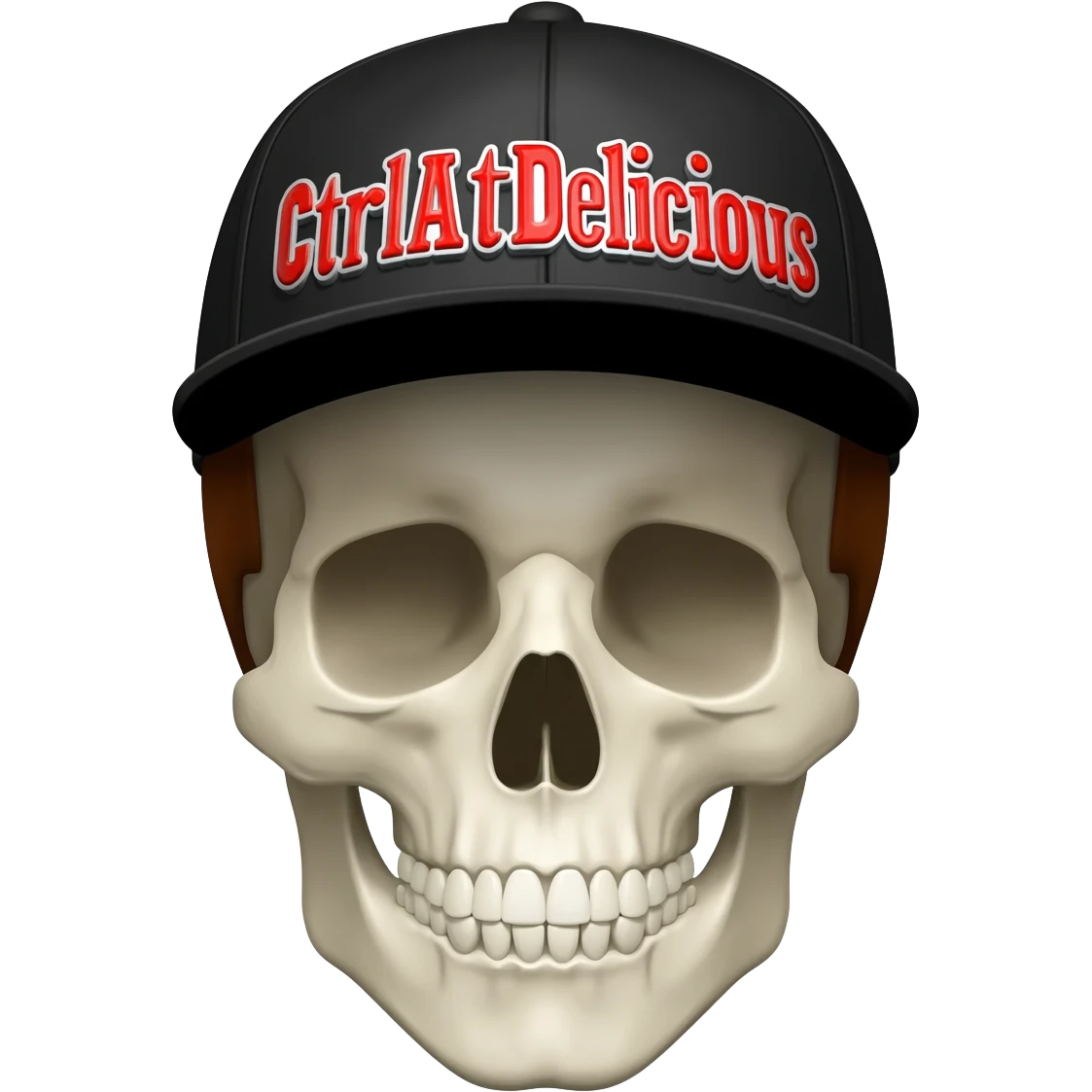 Create a skeleton head wearing a black baseball cap that says " CtrlAltDelicious " in Red, and white lettering, with brown hair emoji