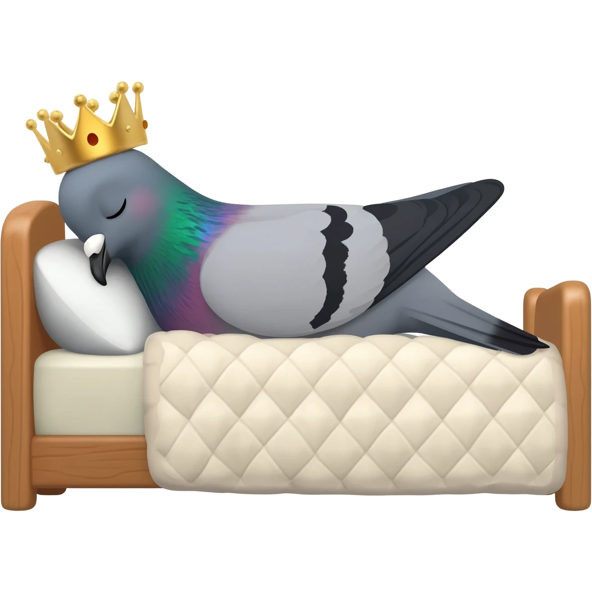 pigeon with a crown sleeping in a bed emoji