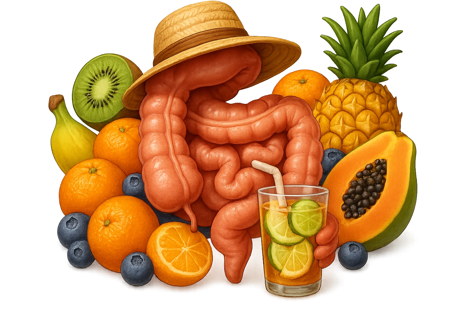 EMOJI STILE IPHONE DI INTESTINO UMANO REALISTICO CON CAPPELLO DI PAGLIA DA SPIAGGIA CHE BEVE UN Tè FREDDO IN BICCHIERE DI VETRO CON DENTRO  fette di cetriolo, limone, lime, DIETRO L'INTESTINO C'è UNA MONTAGNA DI PEZZI DI FRUTTA: Kiwi
Banana acerba
Arance e mandarini
Mirtilli
Ananas
Papaya
IPERREALISTICO 4K emoji