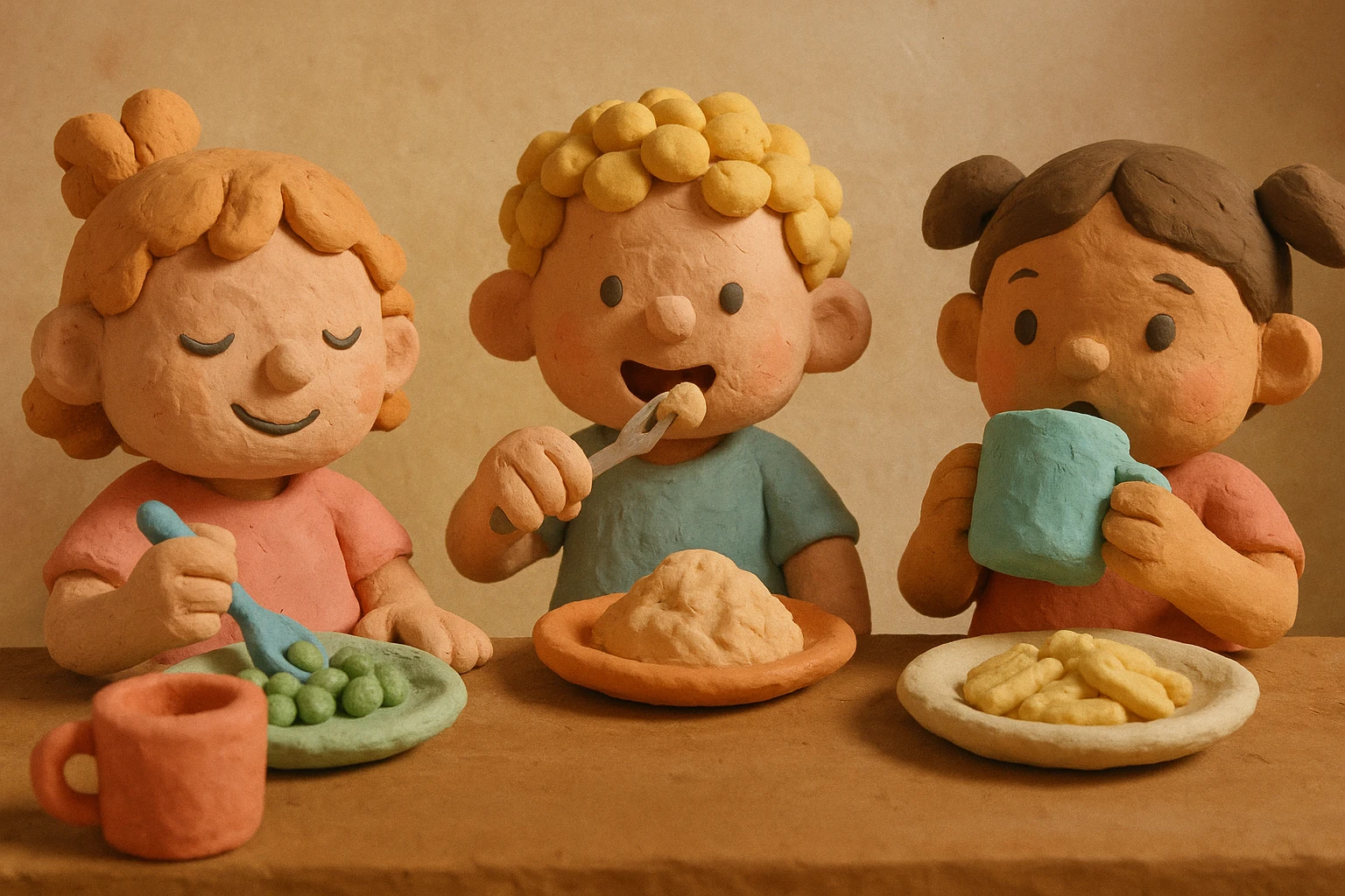 Children eating, matte, plasticine claymation with visible fingerprints and pastel colors. emoji