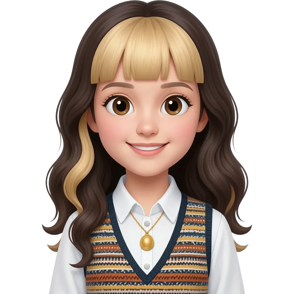 a young  girl oval shaped face with long length dark wavy hairs  blonde color to the ends of the hairs with light bangs . big eyes and soft features and with the smile. outfit is white shirt with a golden necklace and add stripet west top of it emoji