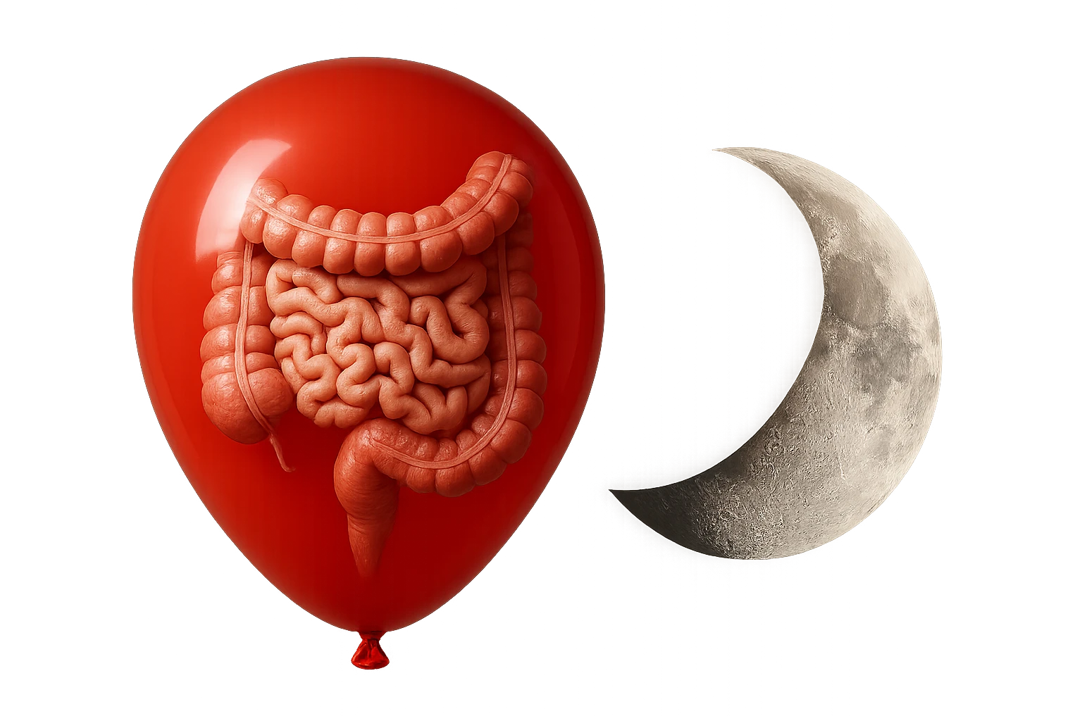 intestino umano anatomico chiuso in un palloncino rosso che simboleggia gonfiore, accanto una mezza luna che simboleggia "gonfiori di sera", iperrealistico 4k emoji