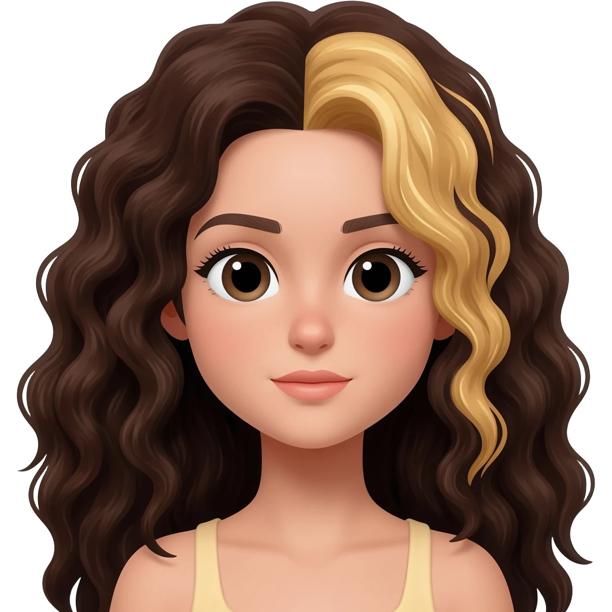A girl with long dark brown curly hair blond streaks emoji