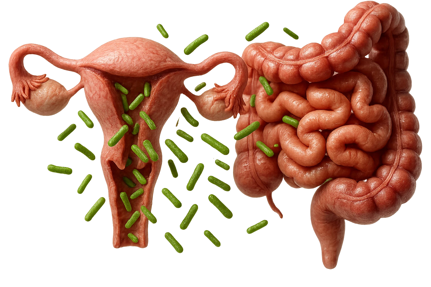 UTERO UMANO E INTESTINO ANATOMICI REALISTICI SONO UNO ACCANTO ALL'ALTRO E SI PASSANO I BATTERI A VICENDA, CON BATTERI CHE ESCONO DALL'INTERNO, IPERREALISTICO 4K, NON DISEGNATO emoji