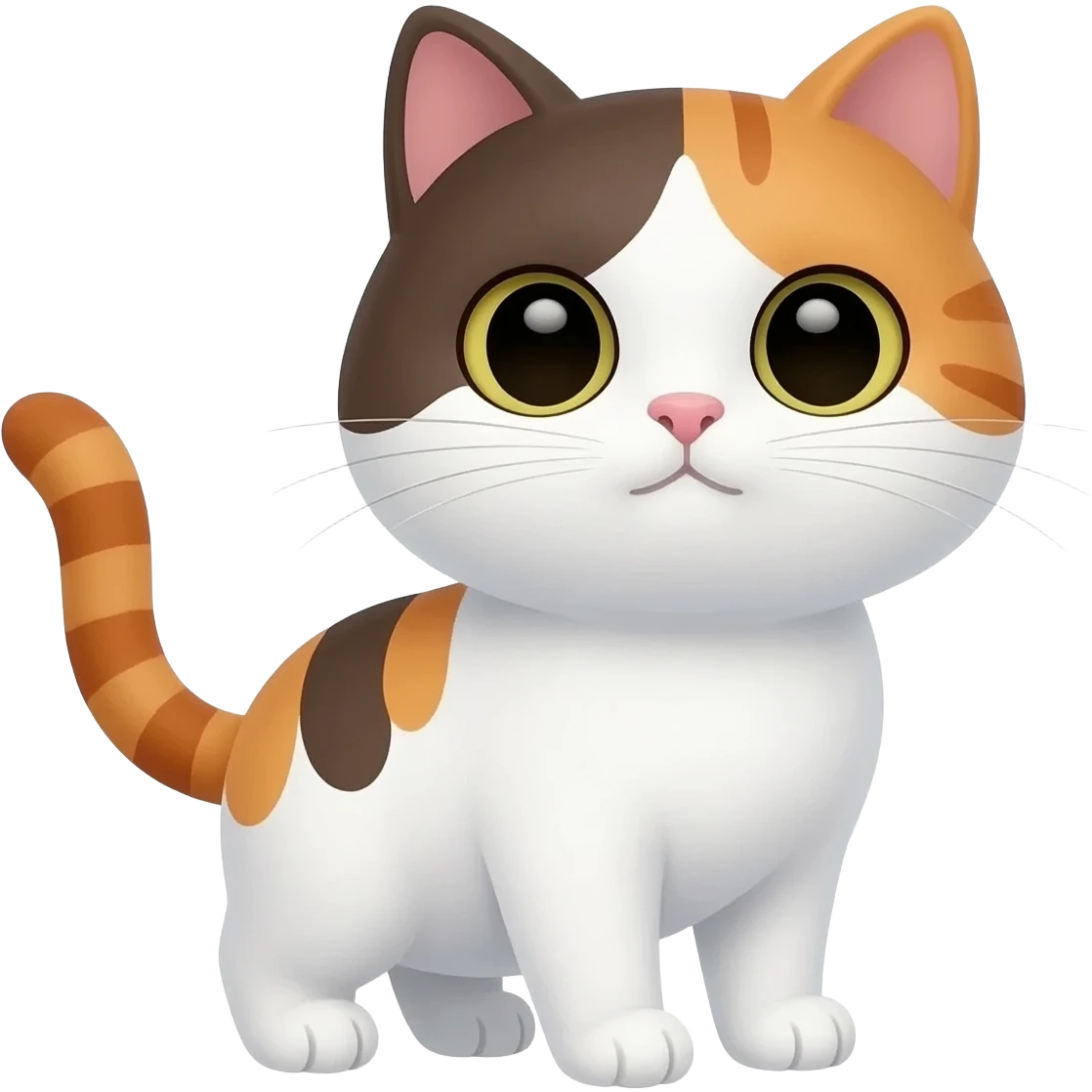detailed emoji illustration of a cute white cat with brown and ginger patches standing and looking forward, striped ginger tail, soft rounded shapes, adorable expression, cute emoji style emoji