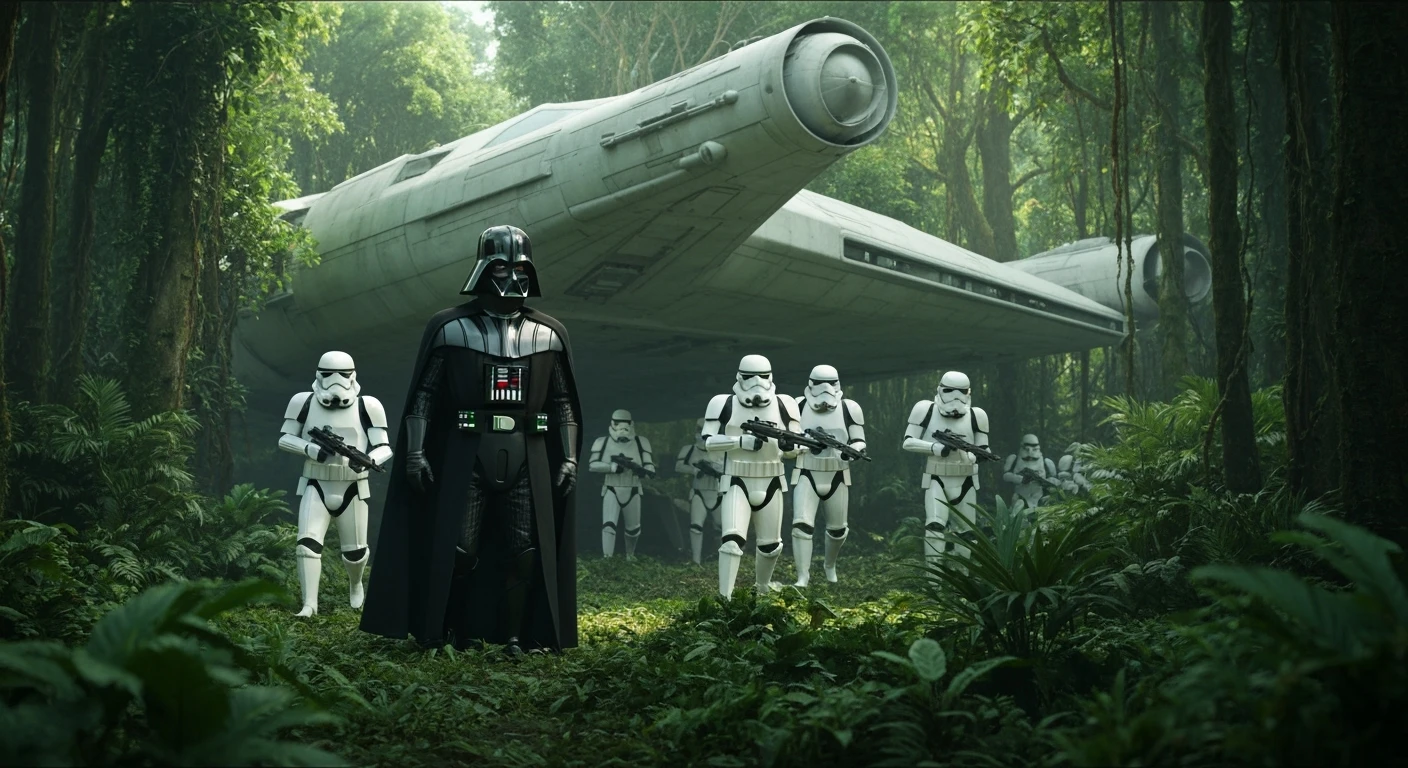 cinematic still, Medium shot, amazon jungle, Darth Vader around stormtroopers coming out from starship on ground, they are exploring the jungle, inspired by StarWars movie, captured by arri alexa emoji