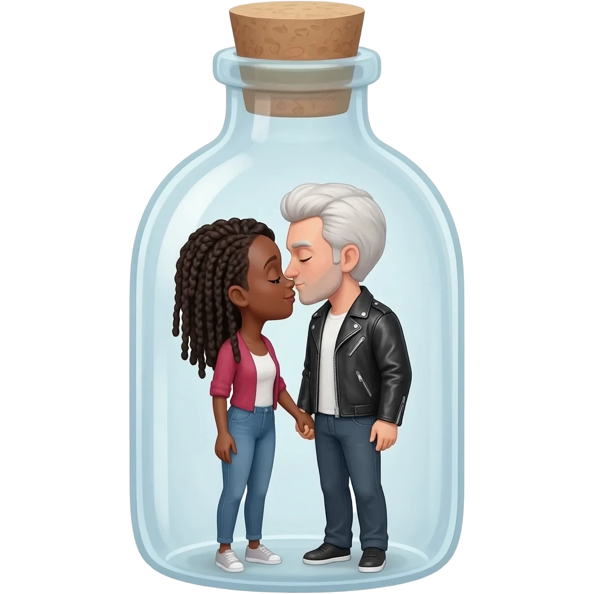 Picture Of 2 lovers inside a bottle  (girl is half black and has short cornrows , guy is white with lether jacket) emoji