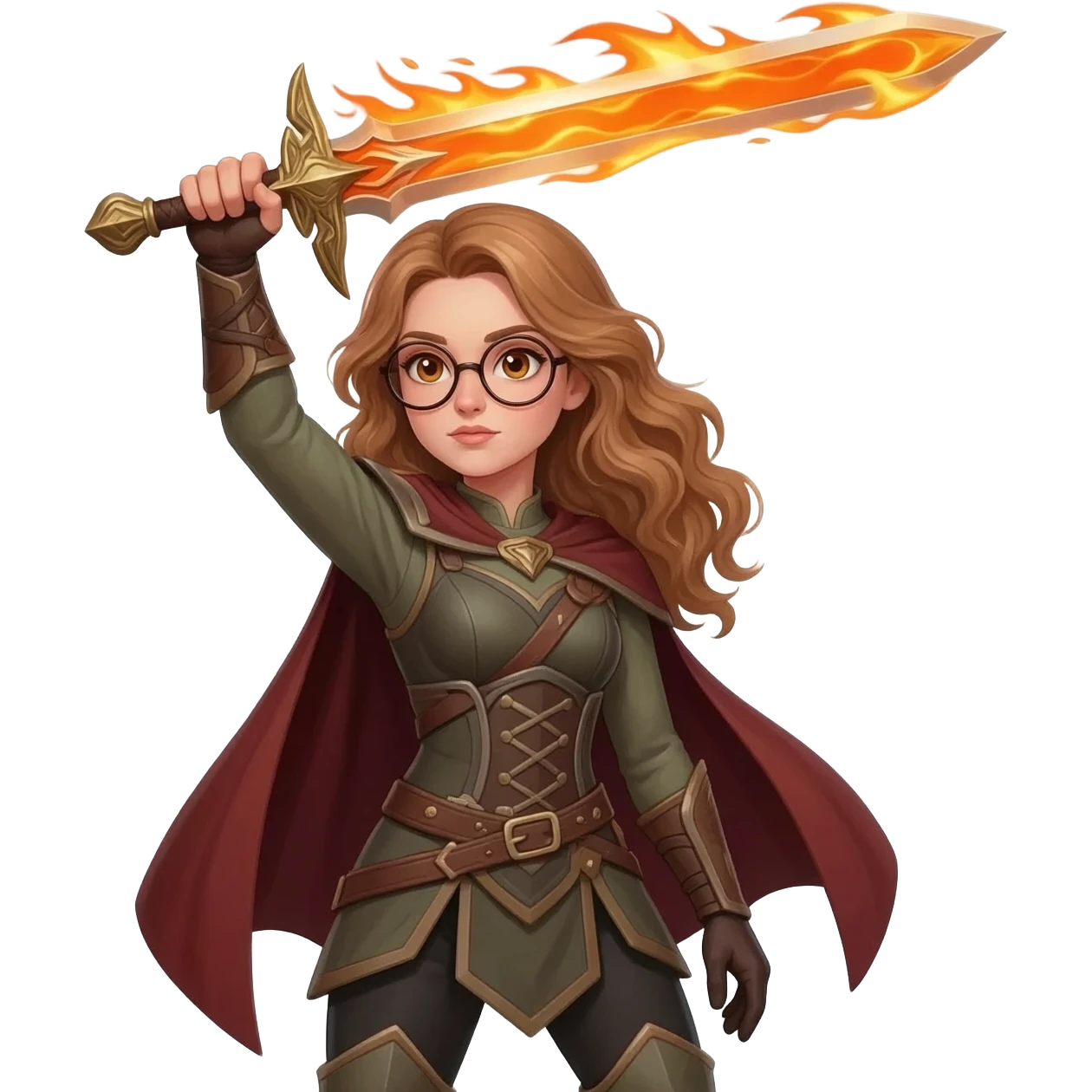detailed emoji illustration of a woman with long light brown wavy hair and light brown eyes wearing round glasses, raising a flaming sword above her head, heroic fantasy pose, emoji style emoji