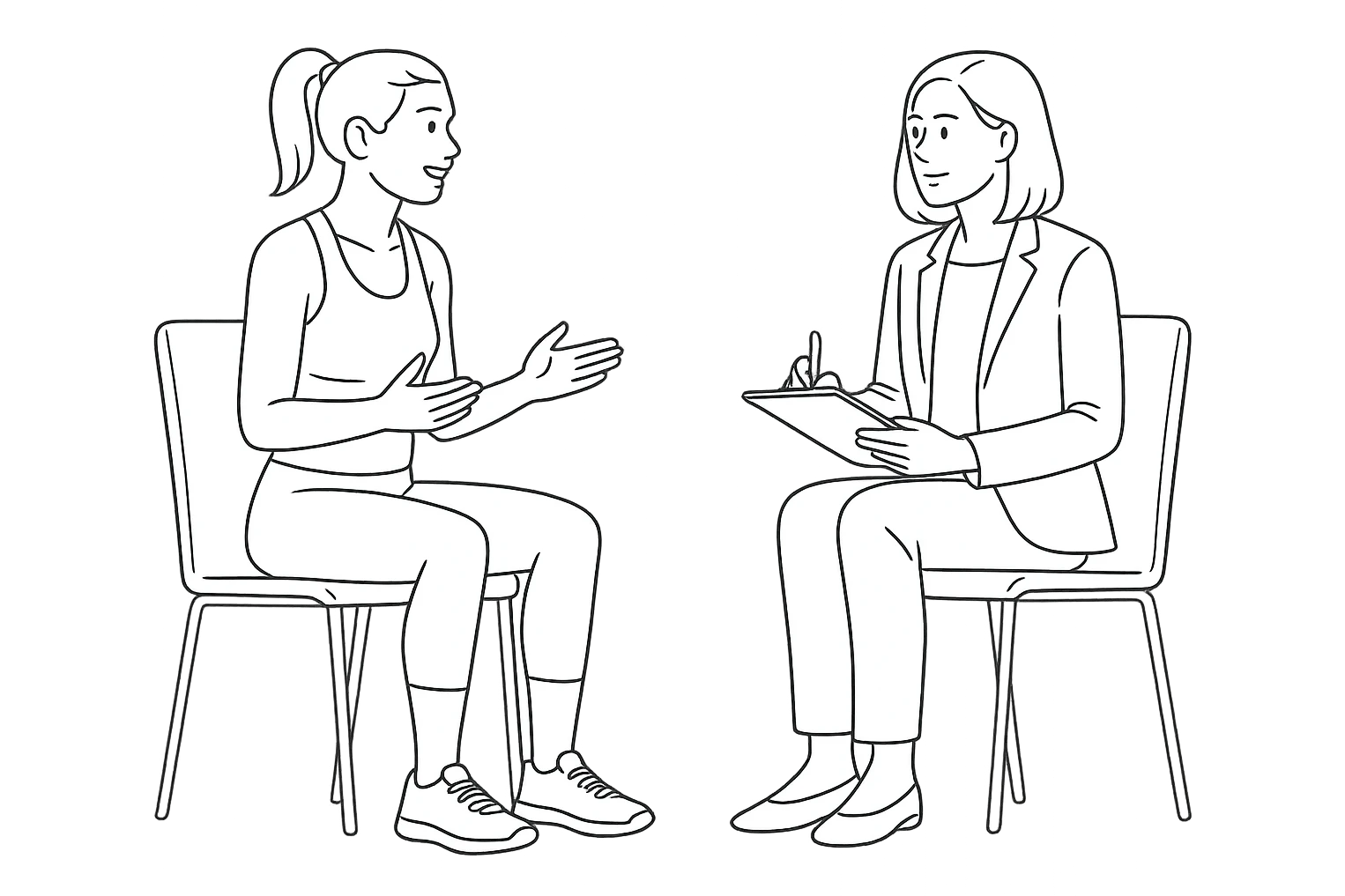 donna fitness parla con uno psicologo, sfondo bianco emoji