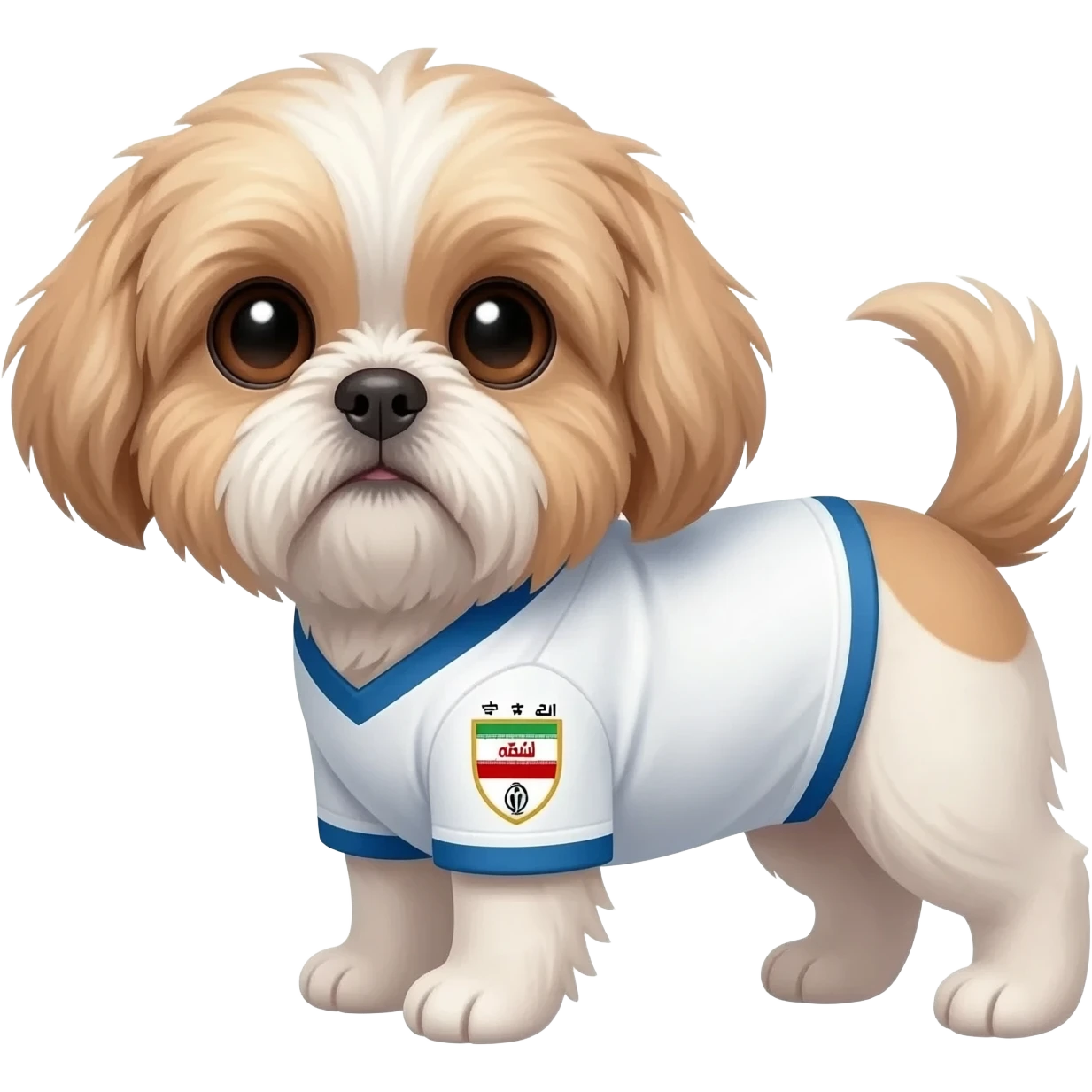 white and light brown shih zhu wearing a Iran soccer jersey v neck 2026 work cup emoji