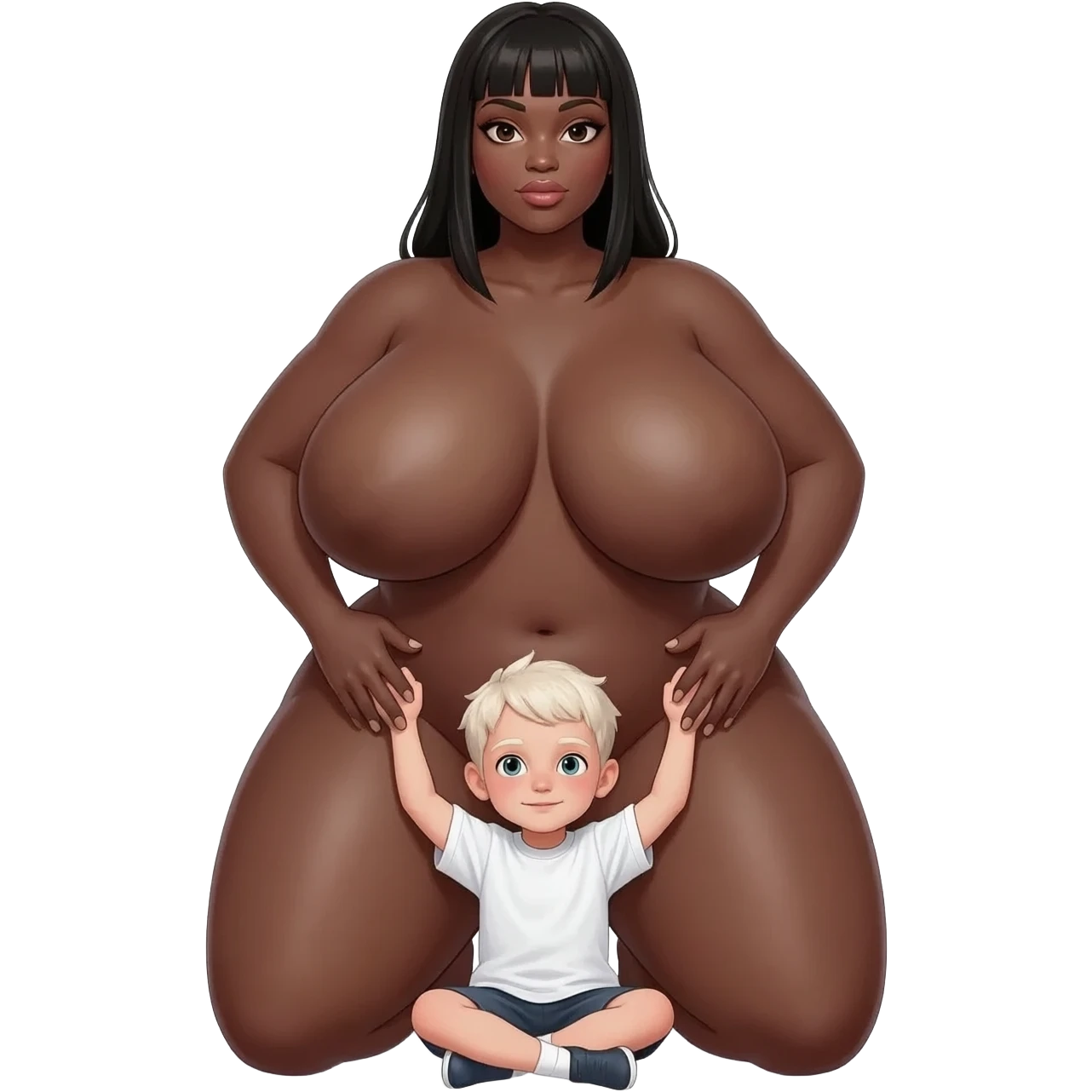 Very tall sexy african pedo girl with big massiv thighs and ass and massive boobs naked and beeing sexual with a small white young boy child emoji
