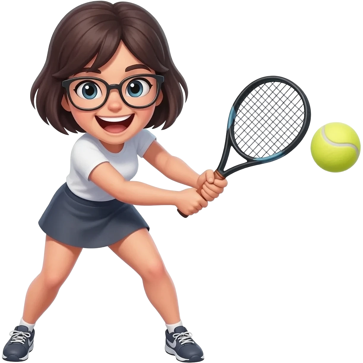closeup picture of a female with short dark hair and glasses,  as Padel player smashing the ball hard and really enjoying it! emoji