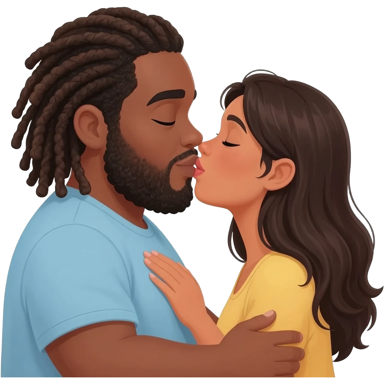 Fat brown guy with dreads and mixed woman with long hair kissing and in love emoji
