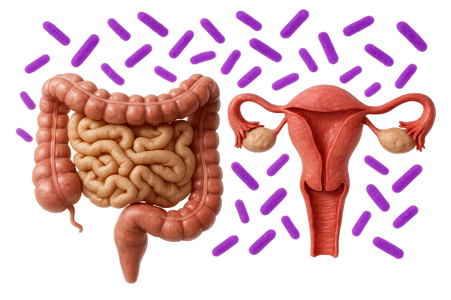 intestino umano anatomico realistico accanto ad un utero umano anatomico realistico, dietro i due organi fluttuano batteri intestinali con questo colore: #971ef1, iperrealistico 4k
isolata su sfondo bianco emoji