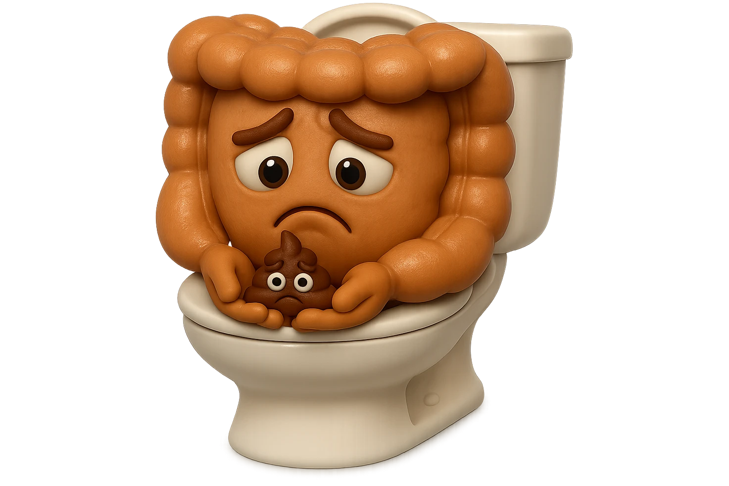 emoji stile iphone di un intestino realistico 3d che esce dal wc con in mano una montagnetta di feci con espressione triste a palline, iperrealistico 4k emoji