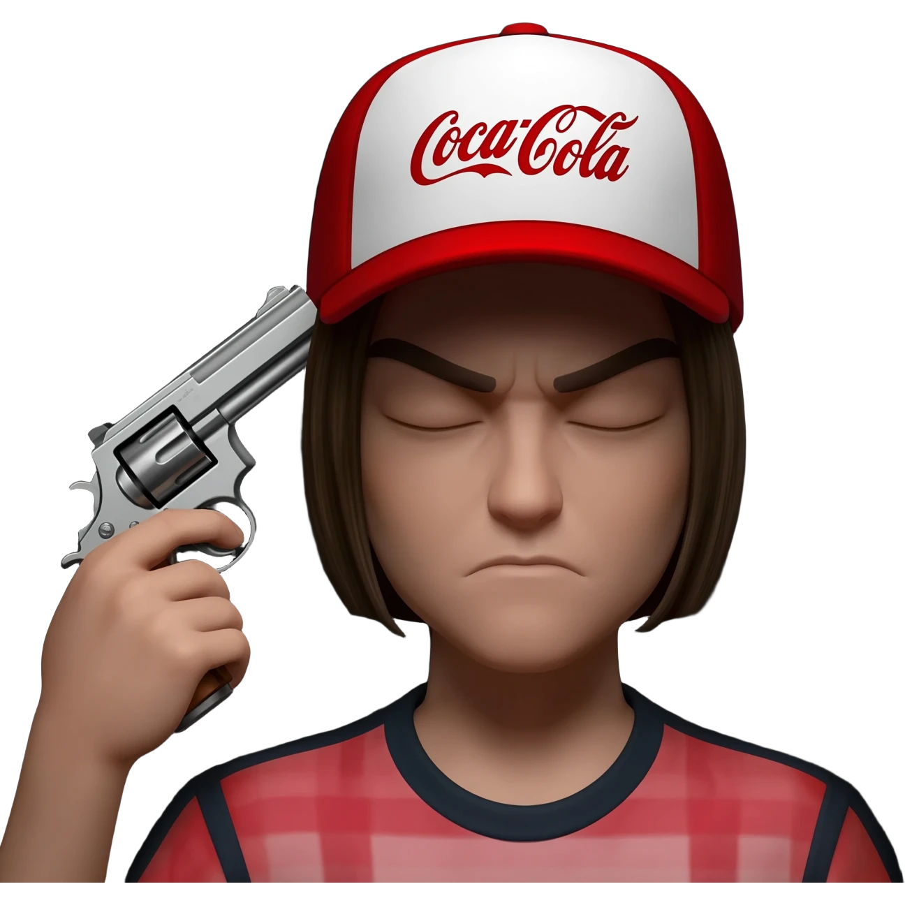 grumpy coca-cola emoji with a cap with a gun to his head emoji
