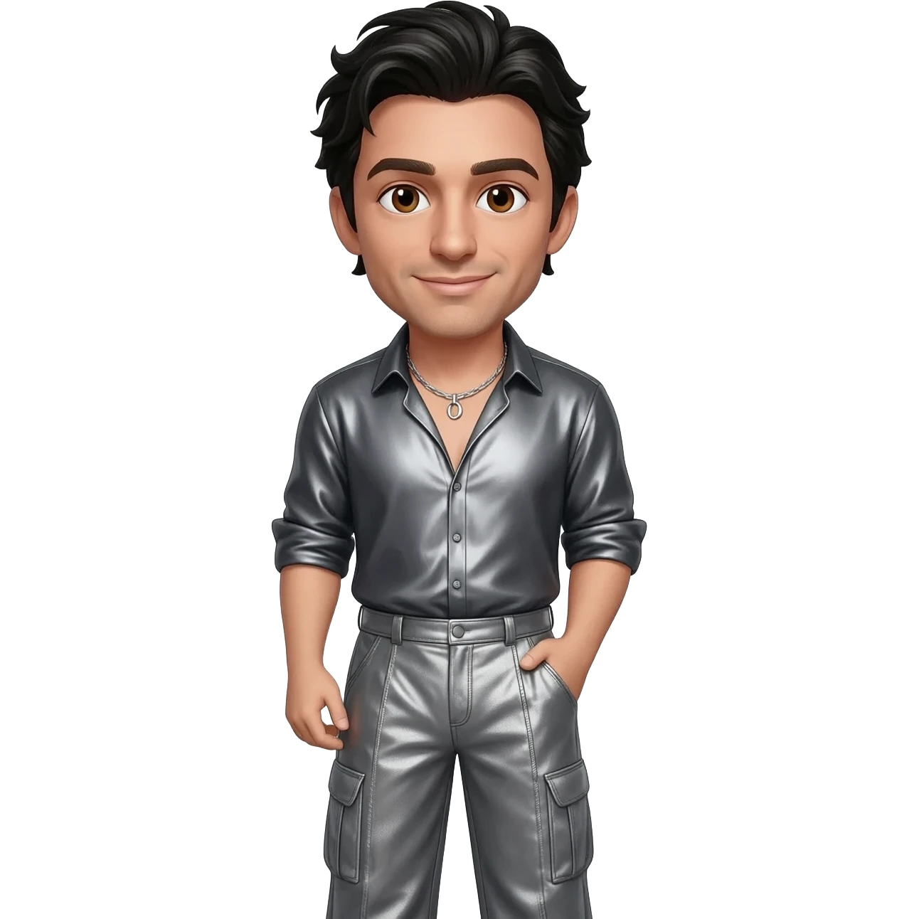 Chris Kirkpatrick from NSYNC with brown eyes, black hair, charcoal metallic shirt, warm gray metallic long baggy pants, silver necklace emoji