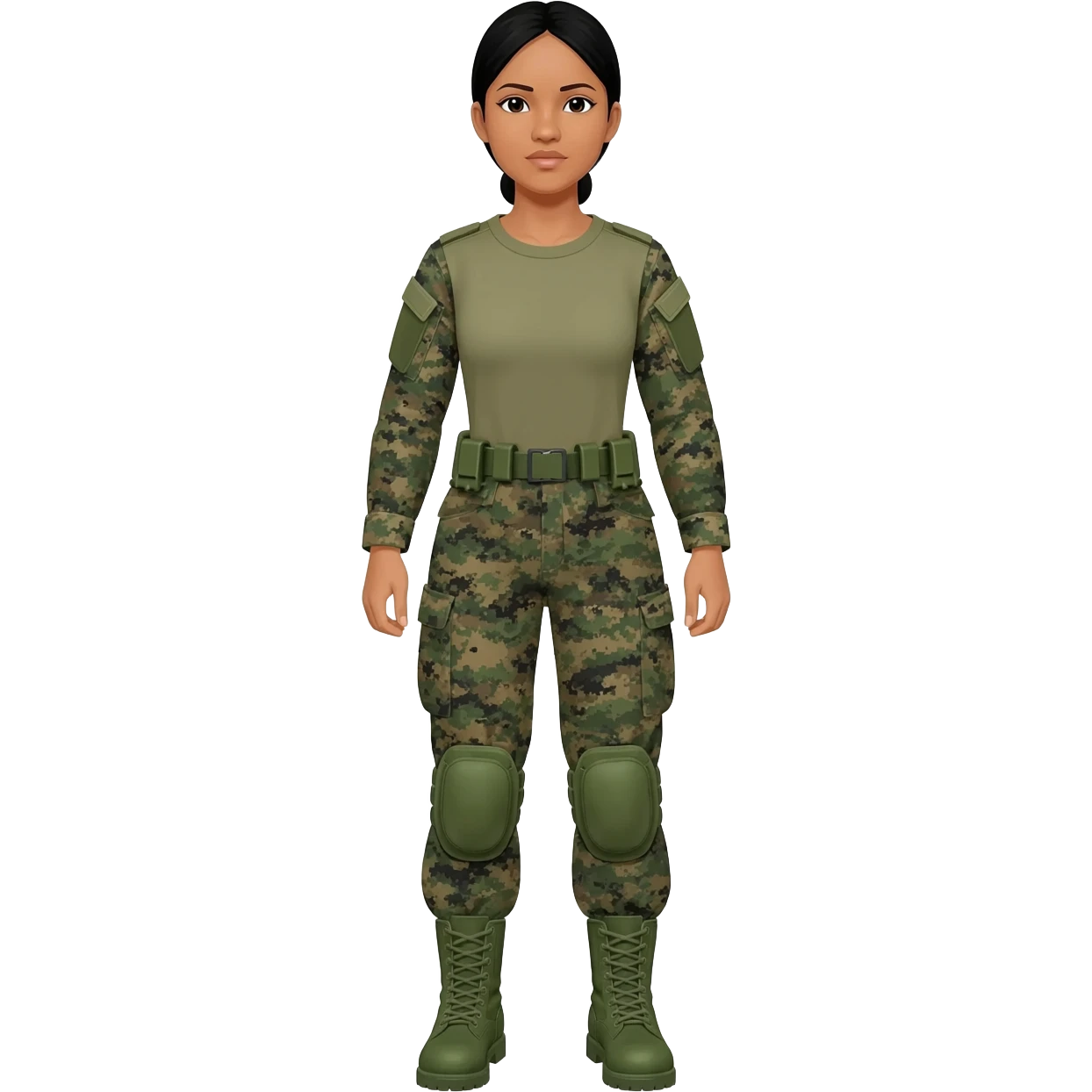 Filipino female army soldier bdu camo with green combat boots no plate carrier and no belt no knee pads long sleeve emoji