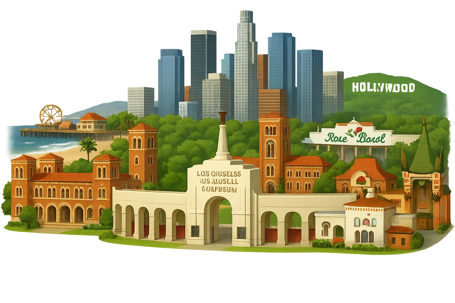 Adjust the Los Angeles emoji to prominently include more of the Los Angeles Memorial Coliseum, making it a more complete and detailed feature in the cityscape. Keep all buildings realistic with lifelike architectural detail and accurate proportions. Maintain the current layout exactly: Coliseum arches, Royce Hall at UCLA, Bovard Administration Building at USC, Rose Bowl Stadium with its neon sign positioned more inland, Santa Monica Pier and beach at the coast, downtown LA skyline, Chinese Theater, and Hollywood Sign. Use accurate colors and bright daytime lighting. The background should be fully transparent with no sky, no clouds, and no city name label. Do not change the layout or composition except to show more of the Coliseum. emoji
