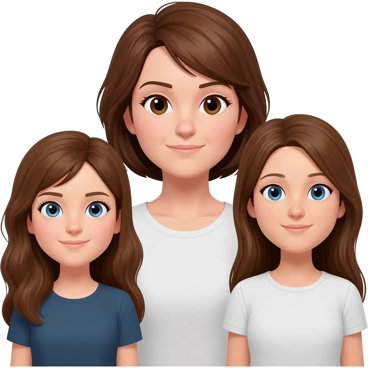 Mom (brown hair and brown eyes) and two 25 year old adult daughters (brown hair and blue eyes) all with pale skin And all the same size emoji