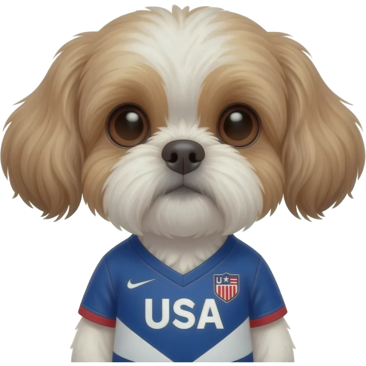 white and light brown shih zhu wearing a USA soccer jersey v neck 2026 work cup emoji
