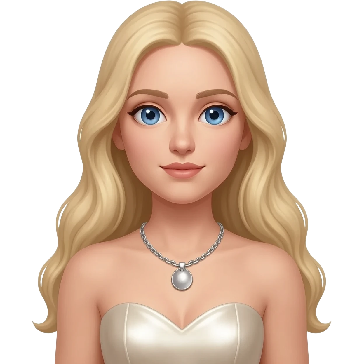 Madonna with blue eyes, long blonde hair, ivory metallic sweetheart dress, silver necklace emoji