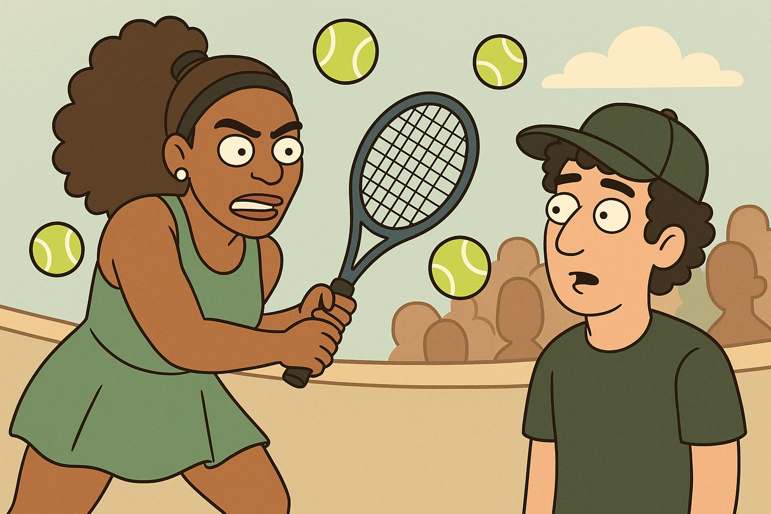 Serena Williams tennis Tennis balls a man black curly hair dark green a hat the people emoji