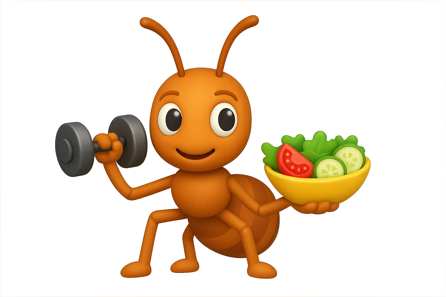 EMOJI STILE IPHONE 3D DI UNA formica CHE ha un manubrio da palestra nella mano destra e un insalata nella mano sinistra, FAGLI GLI OCCHI CON LA PARTE BIANCA, NON SOLO LA PUPILLA emoji