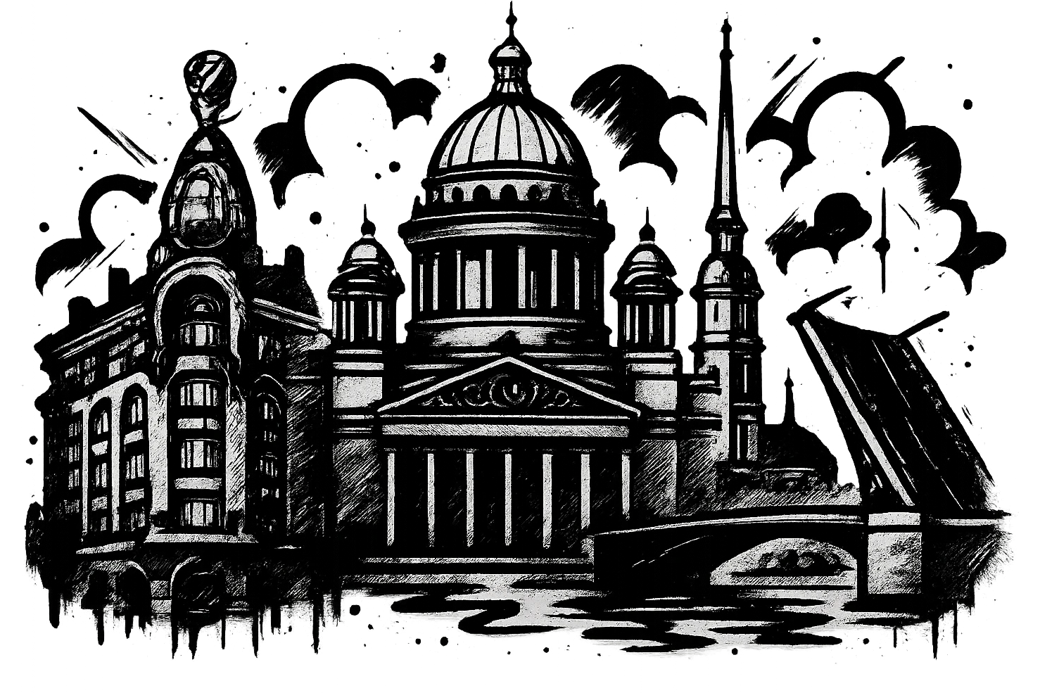 Сделай png рисунок Санкт-Петербурга в стиле граффити. Граффити черно-белое. Надписи не делай.  emoji