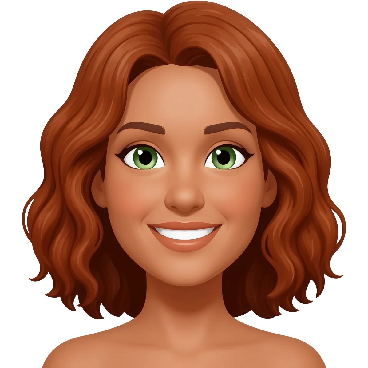 Tan Woman with  medium red brown hair and green eyes smiling emoji