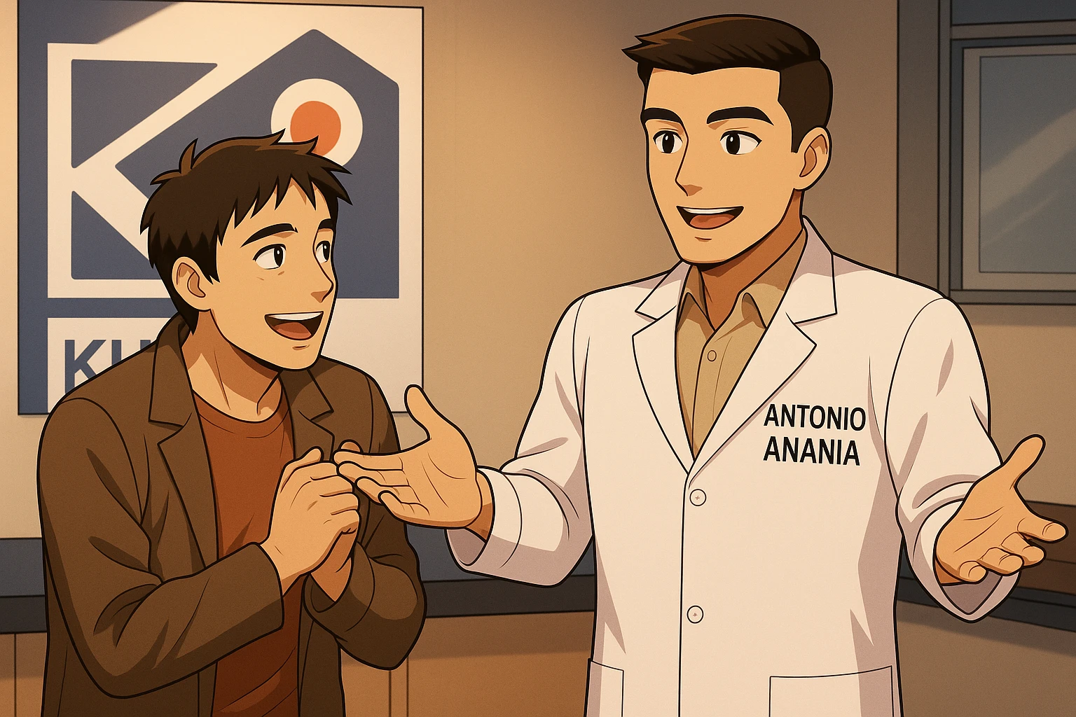  rappresenta un webtoon manga a colori con questo stile, in cui un uomo esclama una cosa entusiasta al kinesiologo con il camice bianco (fagli anche la scritta "ANTONIO ANANIA" SUL CAMICE), IL KINESIOLOGO lo aspetta a braccia aperte. l'espressione dell'uomo è felice e soddisfatta, non fare i fumetti però, fai solo in modo che sembri stiano parlando emoji
