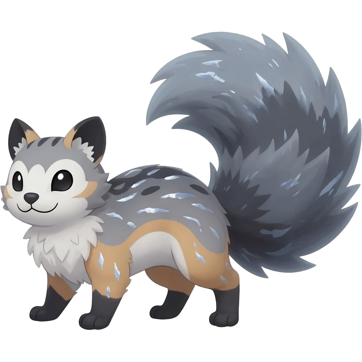 stormcell charcoal fur crackling with silver frost-veins and ghost-dust sheen Hyper-realistic beautiful elegant pretty precious cute  Fakémon-Pokémon-opossum-feline-serval-caracal-chinchilla-Furret-Minccino-hybrid-creature with a big fluffy bushy tail (full body) emoji