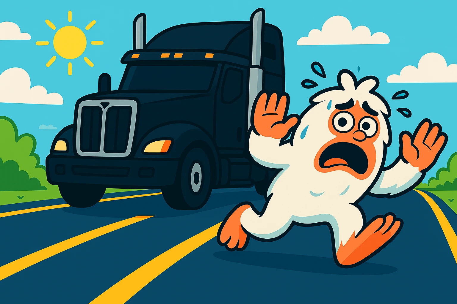 Edit the image to place the abominable snowman and the black semi truck on the same side of the highway. Keep the snowman small and scared, positioned in front with the semi truck behind it at a 45-degree angle. Maintain the bright, distant highway view as in the original image. emoji