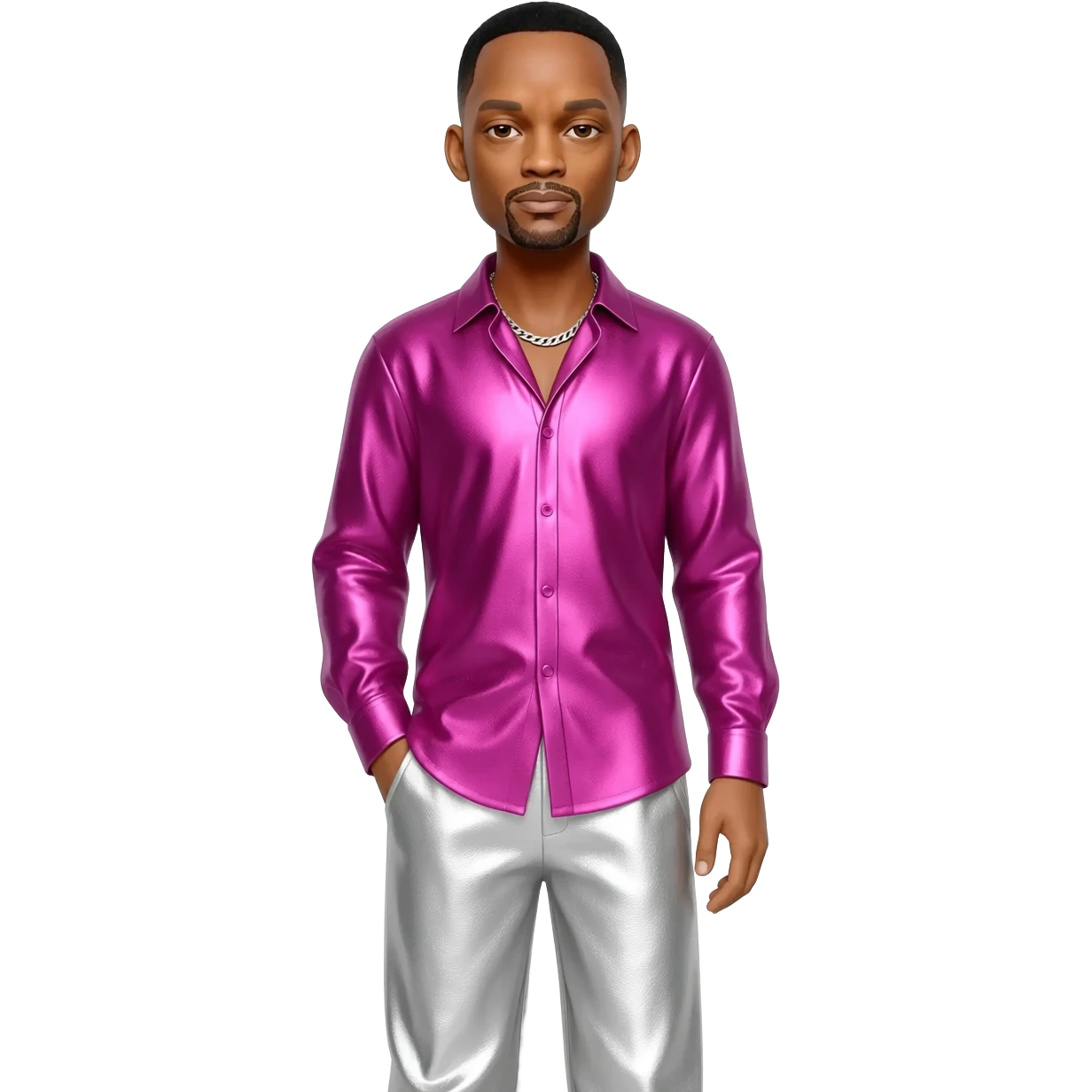 Will Smith with black hair, fuchsia metallic shirt, white metallic baggy pants, silver necklace emoji