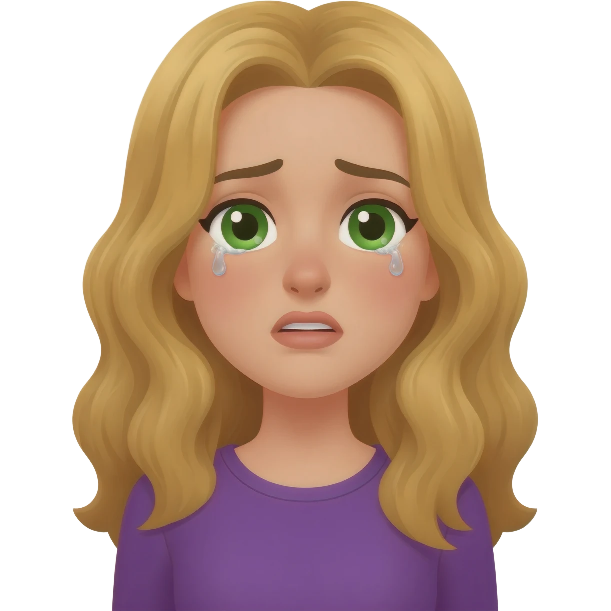 lady with long wavy blonde hair, purple top, green eyes, sneezing with tearful eyes emoji
